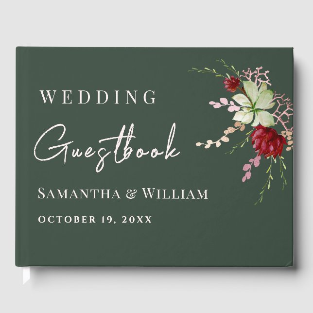 Elegant Dark Green Rustic Boho Wildblume Wedding Gästebuch (Vorderseite)