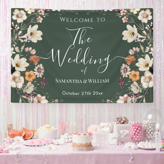 Elegant Dark Green Rustic Wildblume Boho Wedding Banner (Party)
