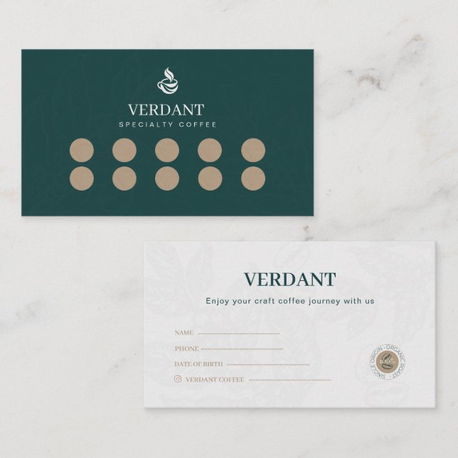 Elegant Dark Green Specialty Coffee Loyalty Card Visitenkarte (Vorne/Hinten)