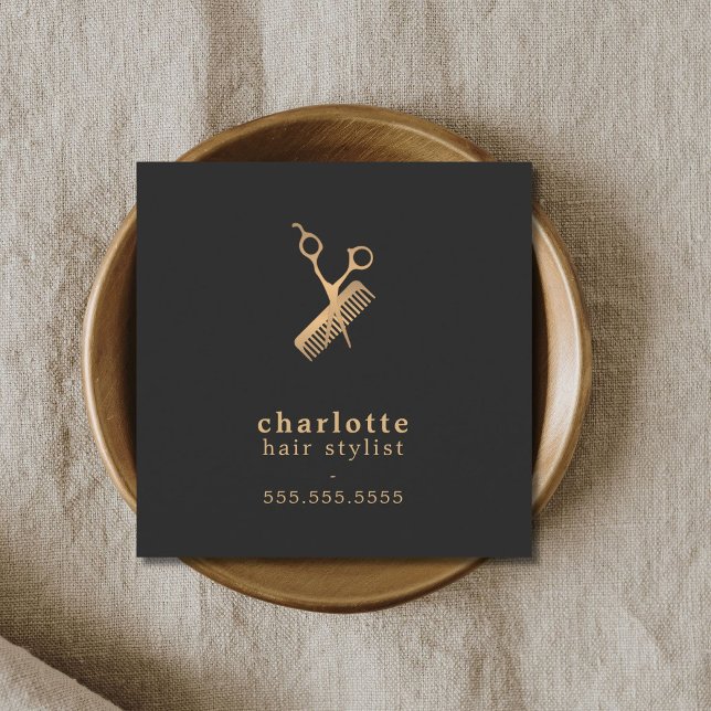Elegant Dark Imitate Gold Scissors Comb Fairstylis Quadratische Visitenkarte (Von Creator hochgeladen)