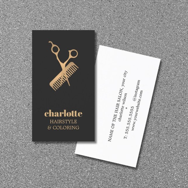 Elegant Dark Imitats Gold Schere Comb Bold Hairsal Visitenkarte (Von Creator hochgeladen)