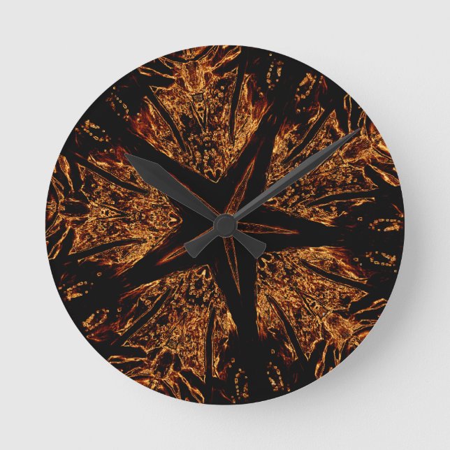 Elegant Dark Kaleidoscopic Design Black Brown Star Runde Wanduhr (Vorderseite)