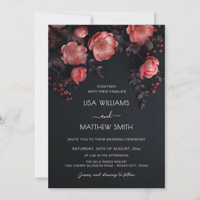 Elegant Dark Moody 3D Roses Wedding Einladung (Vorderseite)