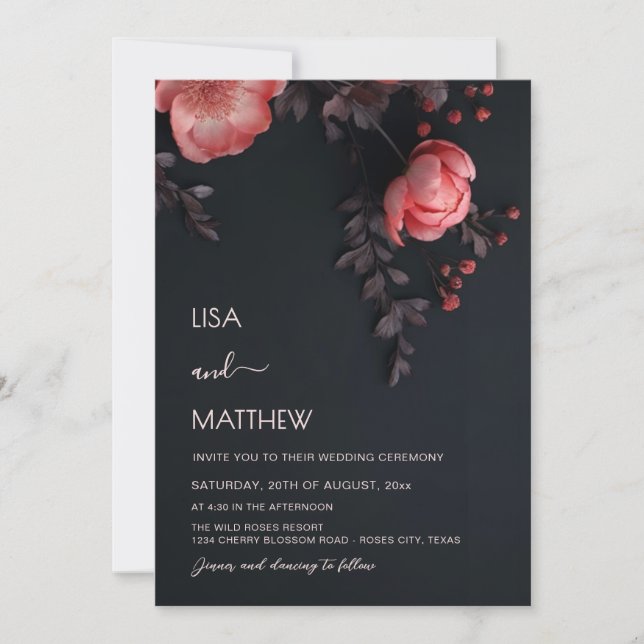 Elegant Dark Moody 3D Roses Wedding Einladung (Vorderseite)