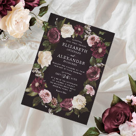 Elegant Dark Moody Floral Burgundy Wedding Einladung