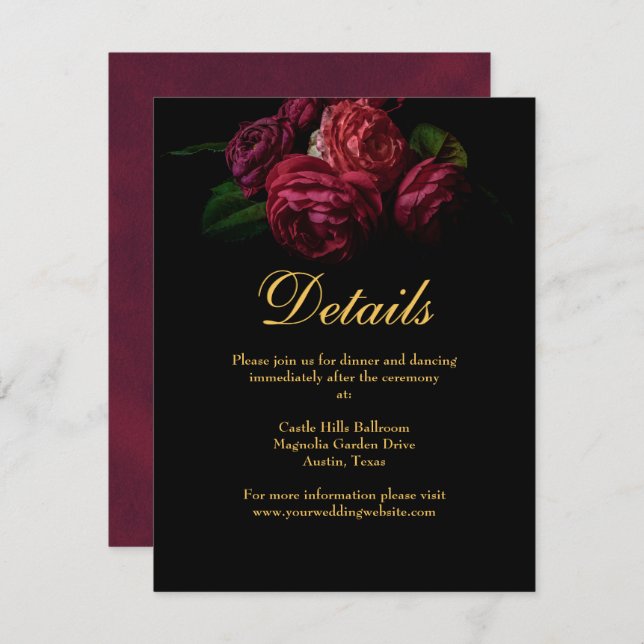 Elegant Dark Moody Gothic Hochzeitsdetails Begleitkarte (Vorne/Hinten)