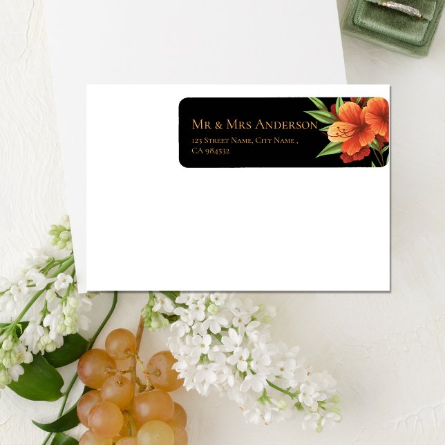 Elegant Dark Moody Orange Floral Wedding Address (Elegant Dark Moody Orange Floral Wedding Address Label)