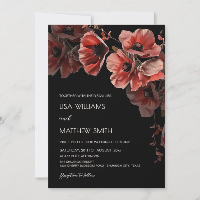 Elegant Dark Moody Red Flowers Wedding Einladung (Vorderseite)