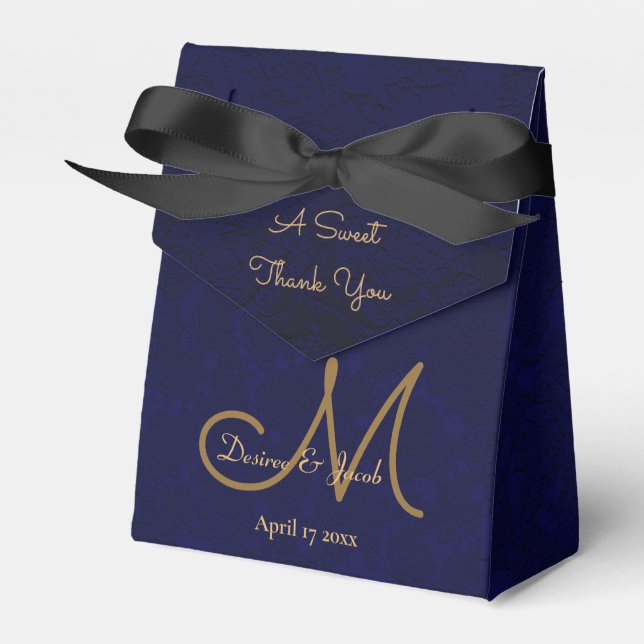 Elegant Dark Navy Blue Gold Monogram Floral Geschenkschachtel (Vorderseite)