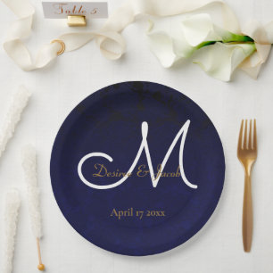 Elegant Dark Navy Blue Gold White Monogram Floral Pappteller