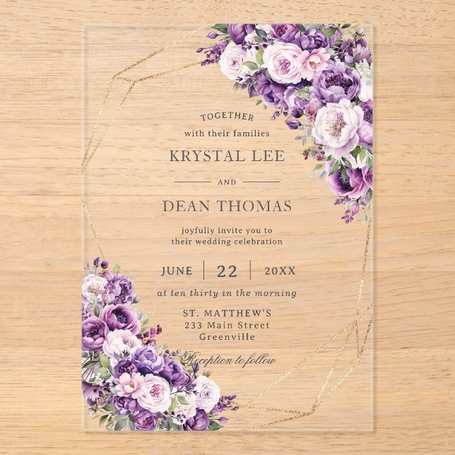 Elegant Dark Purple and Blush Pink Floral Wedding Acryleinladungen (Vorderseite)