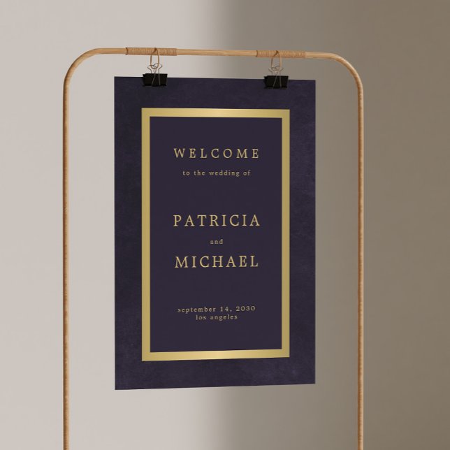 Elegant dark purple and gold wedding welcome sign poster (The support is not included)