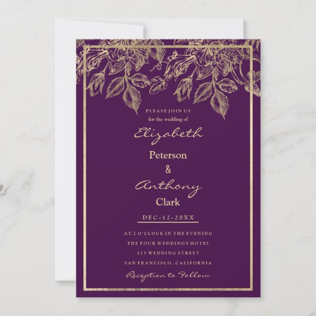 Elegant dark purple gold luxury floral Wedding Einladung (Vorderseite)
