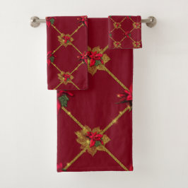 Elegant Dark Red and Gold Poinsettia Badhandtuch Set