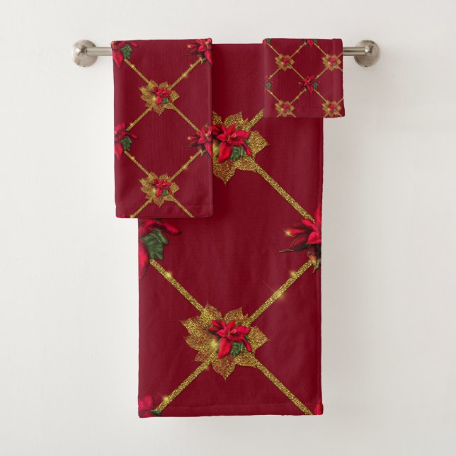 Elegant Dark Red and Gold Poinsettia Badhandtuch Set (Insitu)