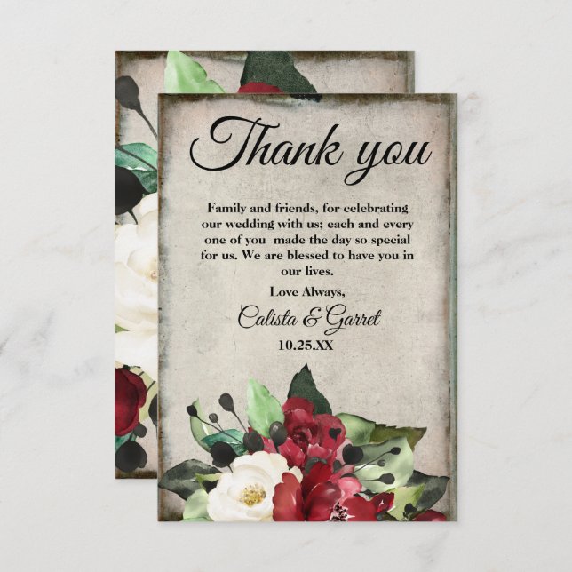 Elegant Dark Red Floral Grunge Gray Goth Wedding Dankeskarte (Vorne/Hinten)