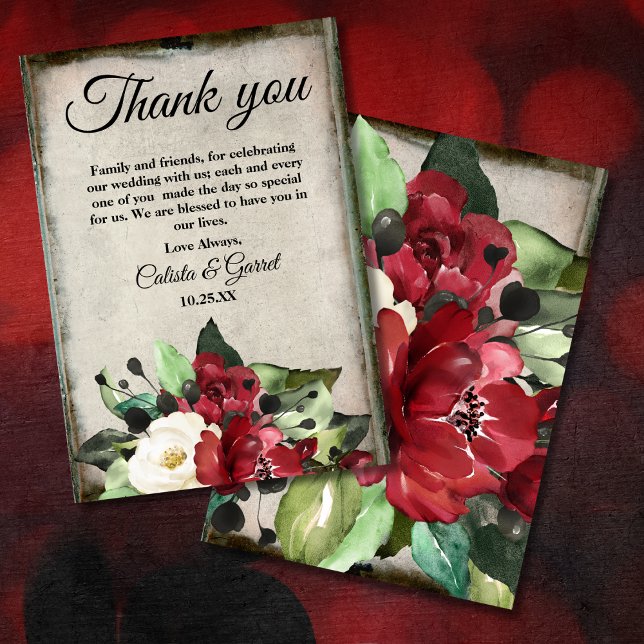 Elegant Dark Red Floral Grunge Gray Goth Wedding Dankeskarte (Von Creator hochgeladen)