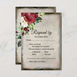 Elegant Dark Red Floral Grunge Gray Goth Wedding RSVP Karte