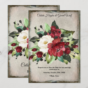 Elegant Dark Red Floral Grunge Gray Goth Wedding Save The Date