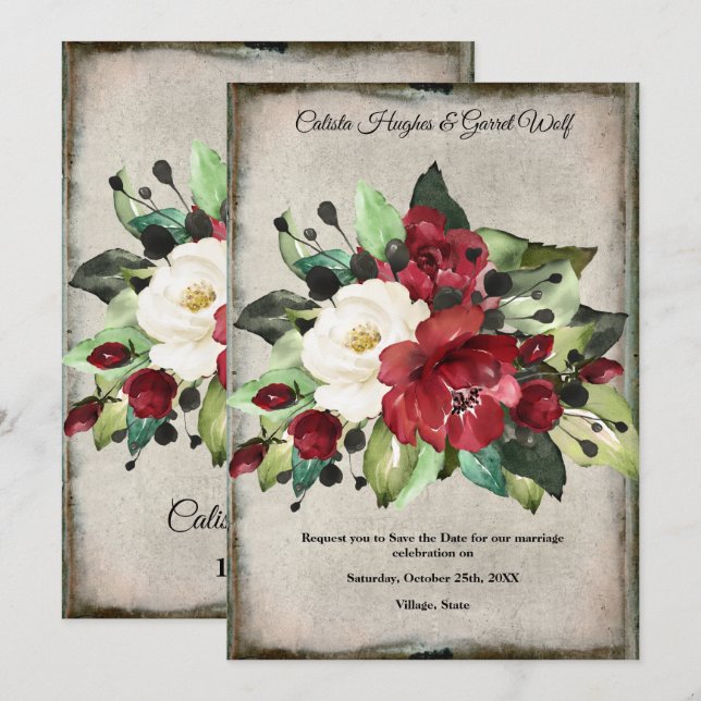 Elegant Dark Red Floral Grunge Gray Goth Wedding Save The Date (Vorne/Hinten)