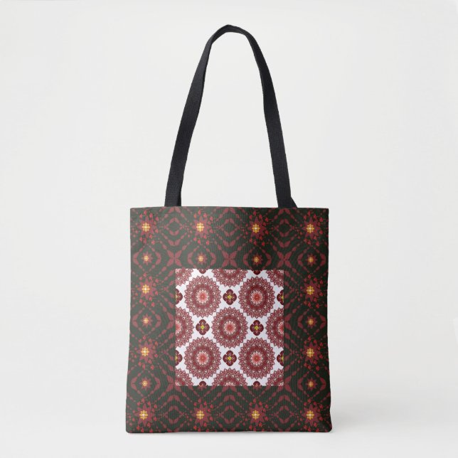Elegant Dark Red Geometric Mandala Tote Bag – Arti (Vorderseite)