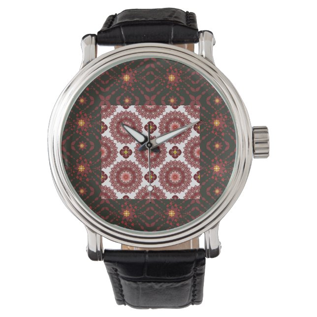 Elegant Dark Red Mandala Geometric Wall Clock – Ar Armbanduhr (Vorderseite)