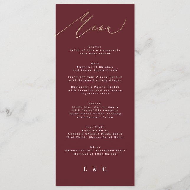 Elegant Dark Red Plum Burgundy Calligraphy Wedding Menükarte (Vorderseite)