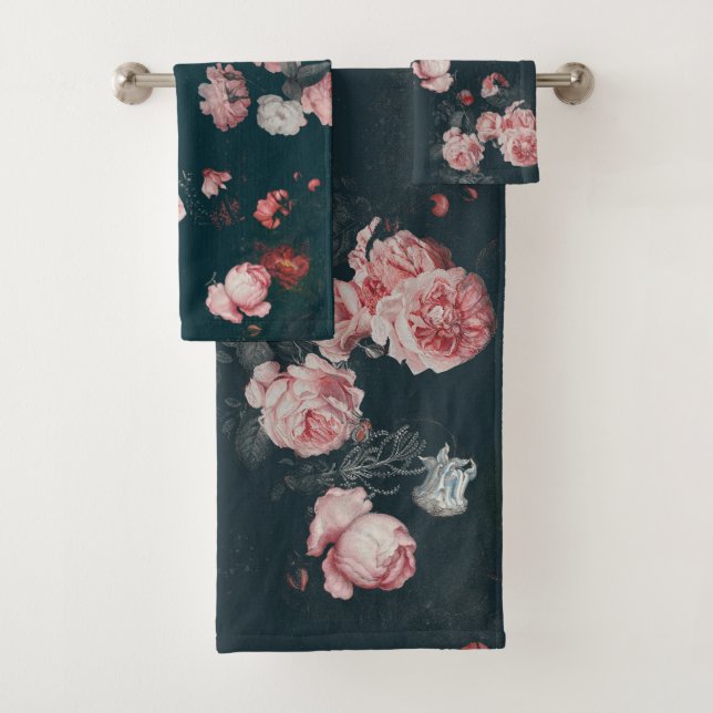 Elegant Dark Rich Dutch Floral Pink Roses Badhandtuch Set (Insitu)