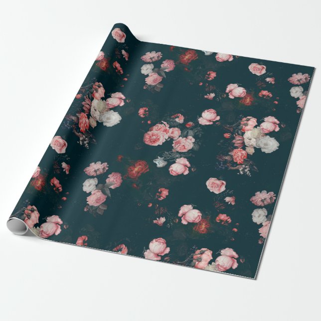 Elegant Dark Rich Dutch Floral Pink Roses Geschenkpapier (Ungerollt)