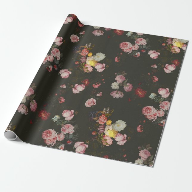 Elegant Dark Rich Dutch Floral Pink Roses Geschenkpapier (Ungerollt)