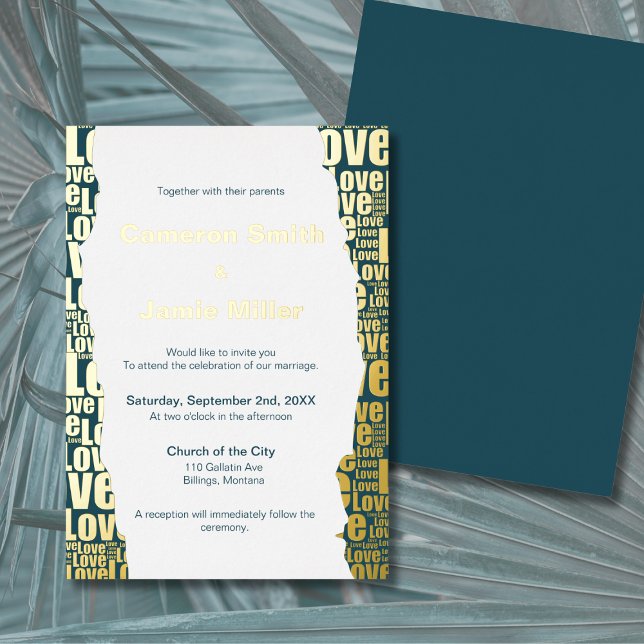 Elegant Dark Slate Gray Liebe Typografy Wedding Folieneinladung (Elegant Dark Slate Gray Love Typography Wedding Foil Invitation)