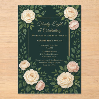 Elegant Dark Teal Floral with Gold Frame Birthday Acryleinladungen
