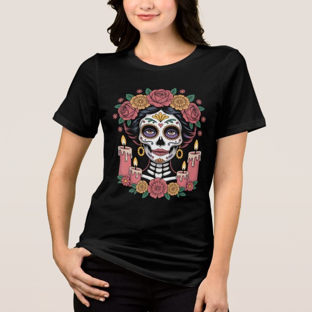 Elegant Day of the Dead Sugar Skull Woman Tri-Blend Shirt (Vorderseite)