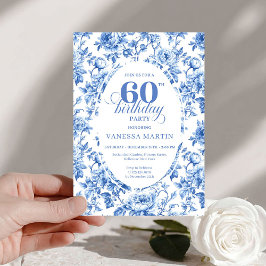 Elegant Deep Blue Toile Roses 60th Birthday Downlo Einladung