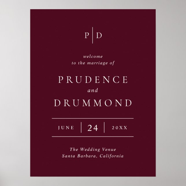 Elegant Deep Burgundy Classic Wedding Welcome Sign Poster (Vorne)