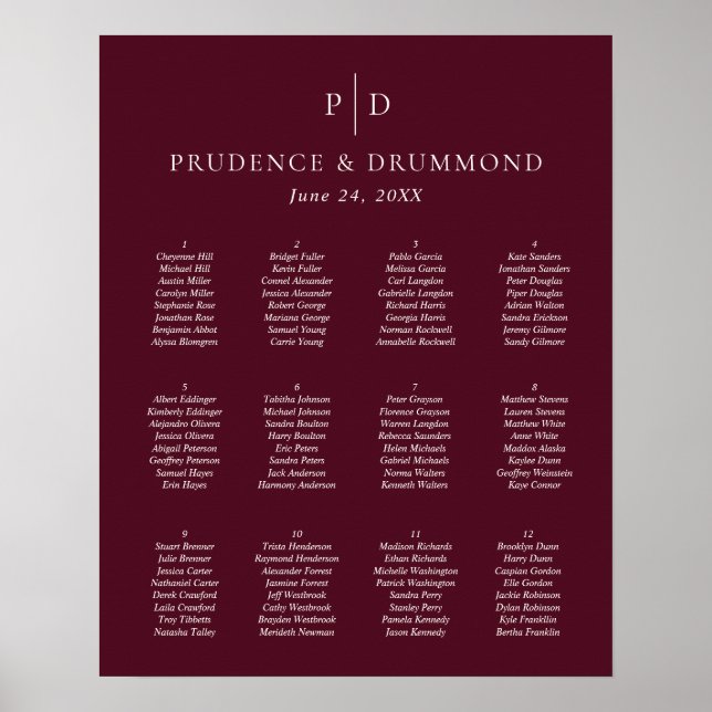 Elegant Deep Burgundy Wedding Seating Chart Poster (Vorne)