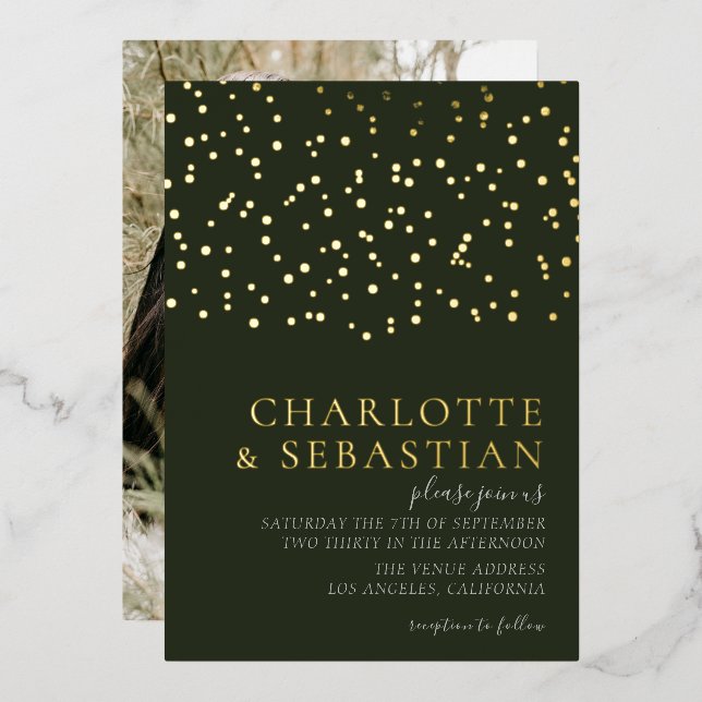 Elegant Deep Green Foto Wedding Personalisiert Folieneinladung (Vorderseite/Rückseite)