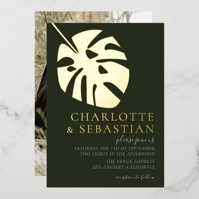 Elegant Deep Green Foto Wedding Personalisiert Folieneinladung (Vorderseite/Rückseite)