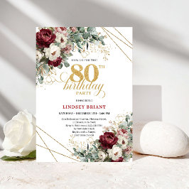 Elegant Deep Red Floral 80th Birthday Invitation Einladung