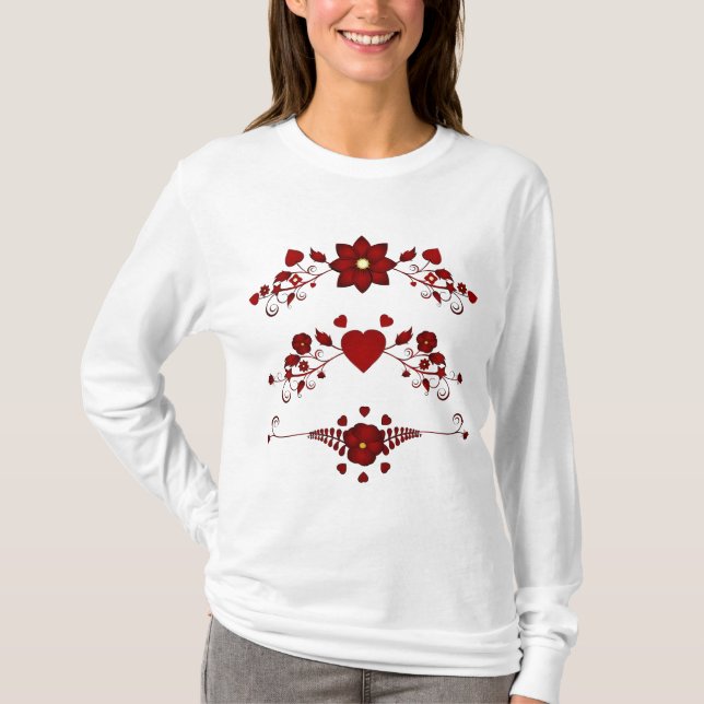 Elegant Deep Red Floral Flourish T-Shirt (Vorderseite)