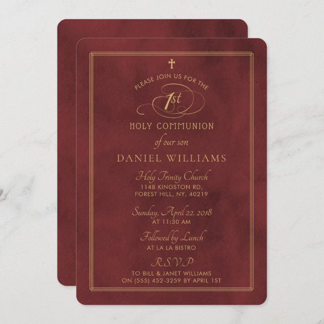 Elegant Deep Red & Gold Script 1. Heilige Kommunio Einladung (Vorne/Hinten)