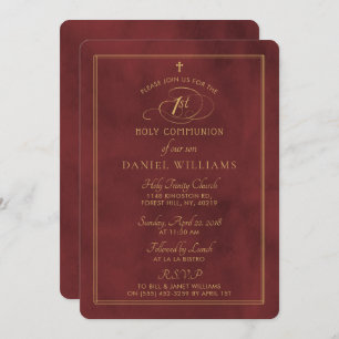 Elegant Deep Red & Gold Script 1. Heilige Kommunio Einladung