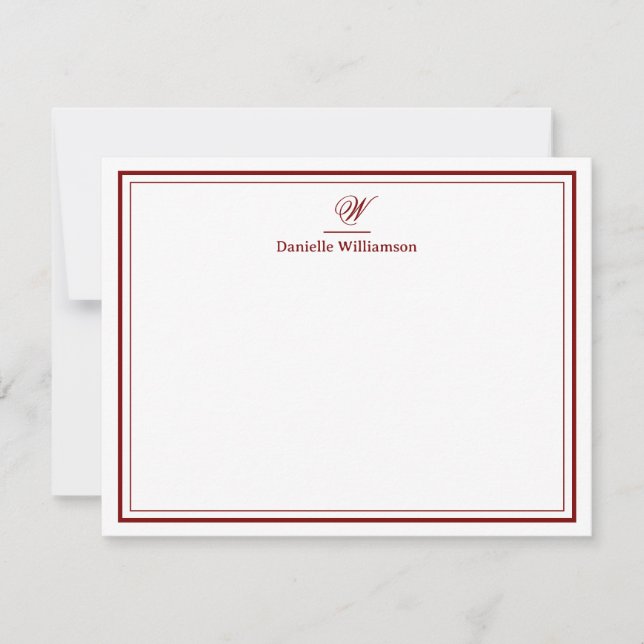 Elegant Deep Red Monogram Double Border White Mitteilungskarte (Vorderseite)