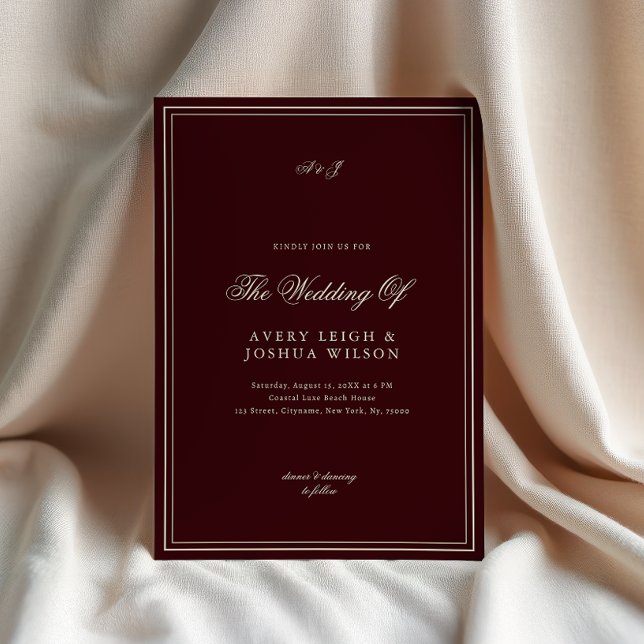 Elegant Deep Red Monogram Old Money Wedding Einladung (Von Creator hochgeladen)