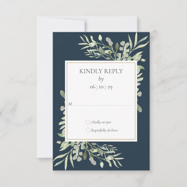 Elegant Deep Sea Blue Greenerity Blätter Wedding R RSVP Karte (Vorderseite)