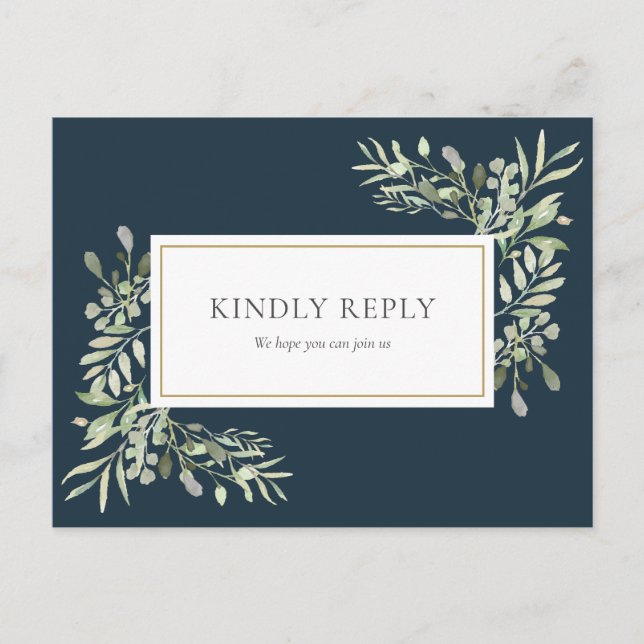 Elegant Deep Sea Blue Greenery Wedding RSVP Card Einladungspostkarte (Vorderseite)