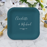 Elegant Deep Teal Script Minimalist Wedding Pappteller<br><div class="desc">Elevate the elegance of your wedding reception with our Elegant Deep Teal Script Minimalist Wedding Paper Plates. These plates can be personalized with the names of the bride and groom,  along with the date of your wedding. Add a unique and stylish touch to your celebration with these customized plates.</div>