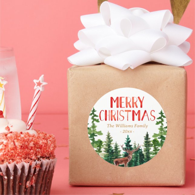 Elegant Deer Christmas Family Name Runder Aufkleber (Party)