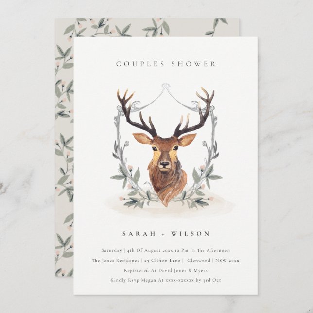 Elegant Deer Floral Wappen Paare Dusche einladen Dankeskarte (Vorne/Hinten)
