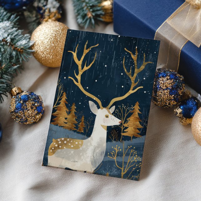 Elegant Deer Navy Blue & Gold Watercolor Cosy Xmas Postkarte (Von Creator hochgeladen)